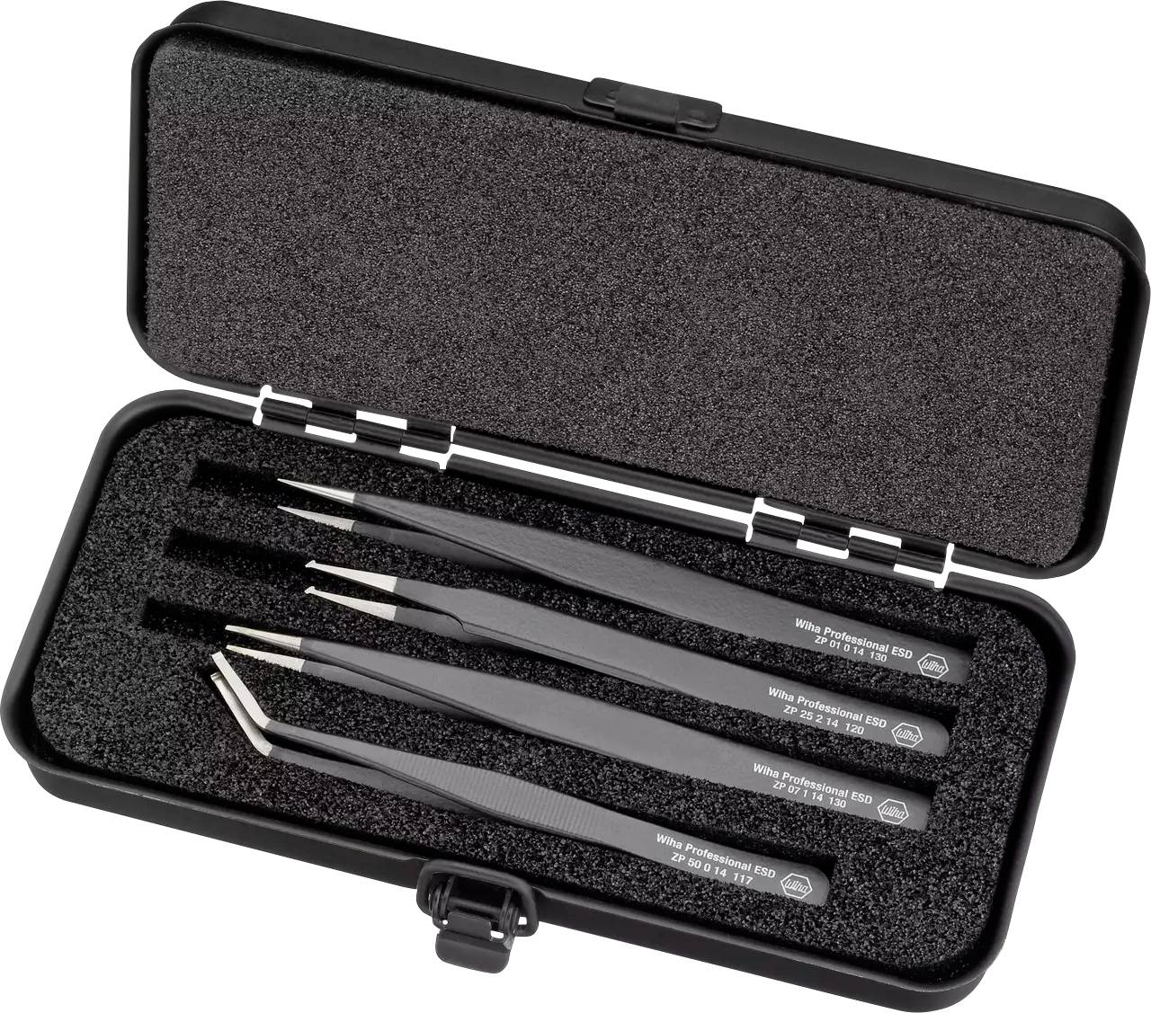 Opened black box with five precision tweezers lying on a foam insert.