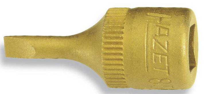 A golden metal slotted screwdriver bit for ratchets by HAZET turns screws or nuts of the corresponding size.