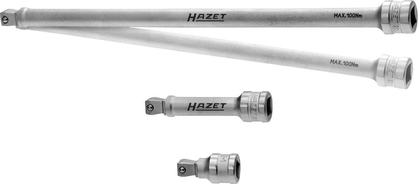 Four silver Hazet extension bars of various lengths, suitable for socket wrenches. 'MAX 100Nm' markings on the larger pieces.