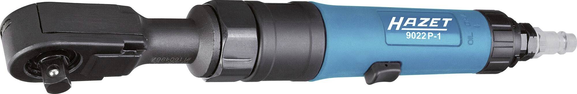 A blue Hazet pneumatic ratchet spanner, model 9022P-1, is positioned sideways. Primarily used for mechanical work.