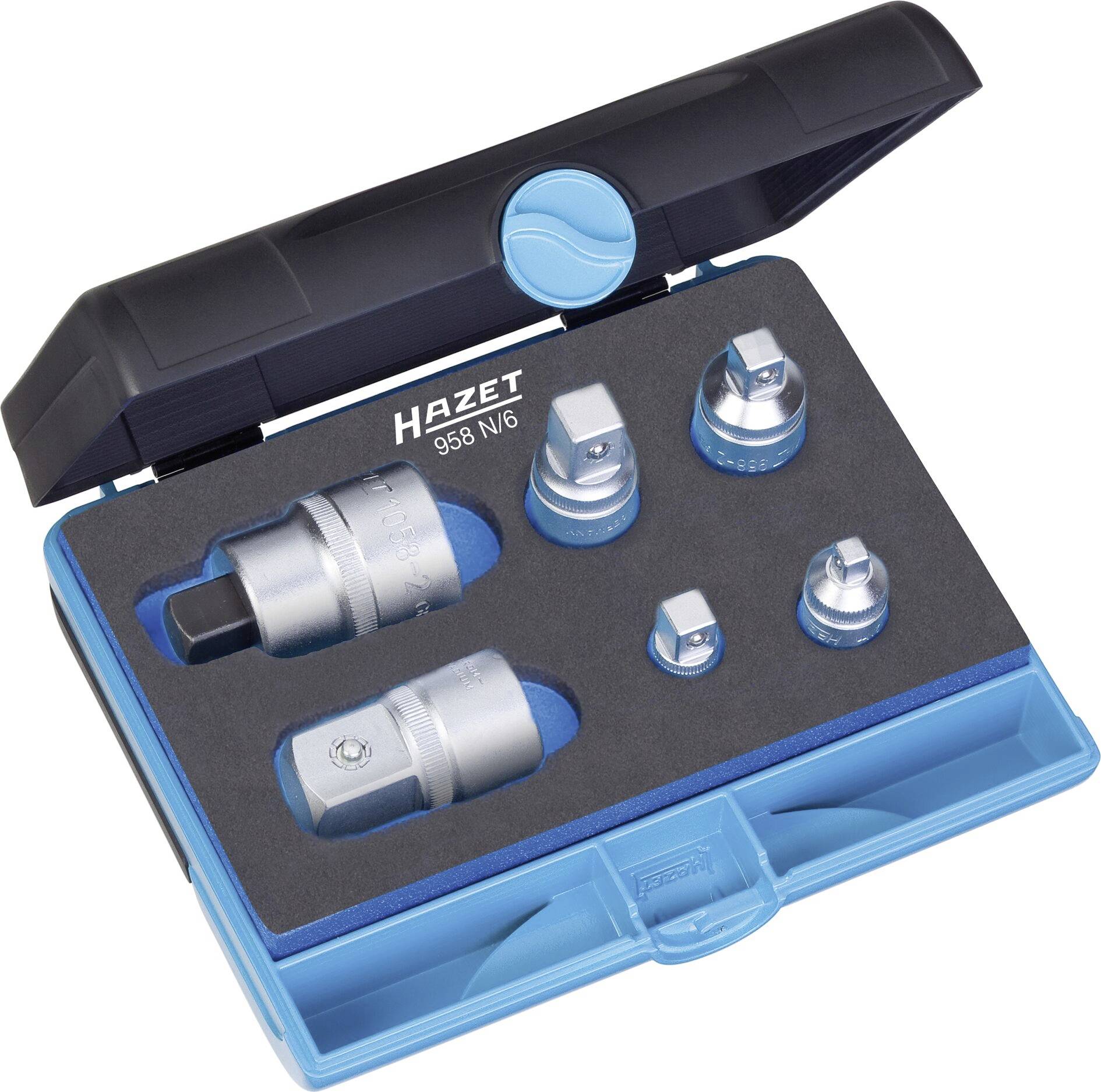 Set of adapter attachments in a blue box. Includes various adapter sizes and an extension attachment.