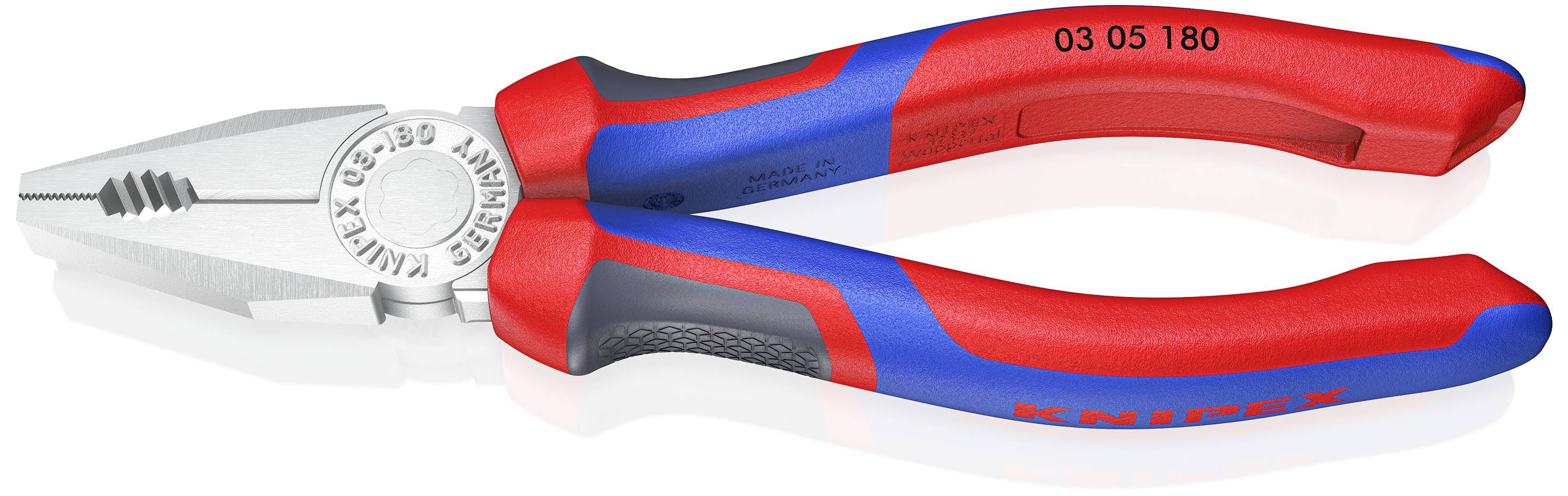 A combination pliers with red and blue rubber grips and serrated jaws, suitable for gripping and cutting wire or cables.