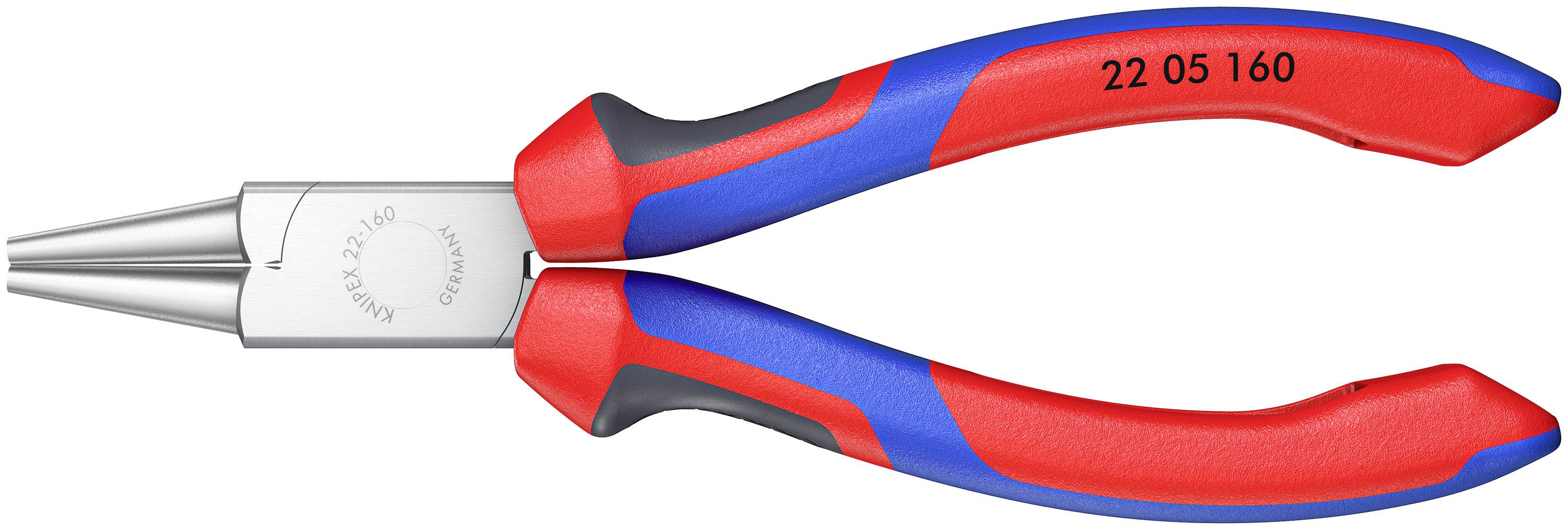 Red and blue-handled long-nose pliers with metal tips.