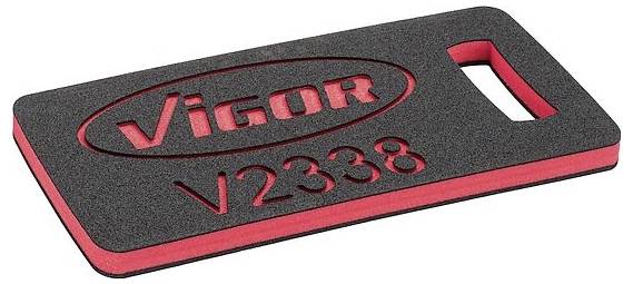 'Vigor V2338' black and red foam knee pad with an integrated handle.