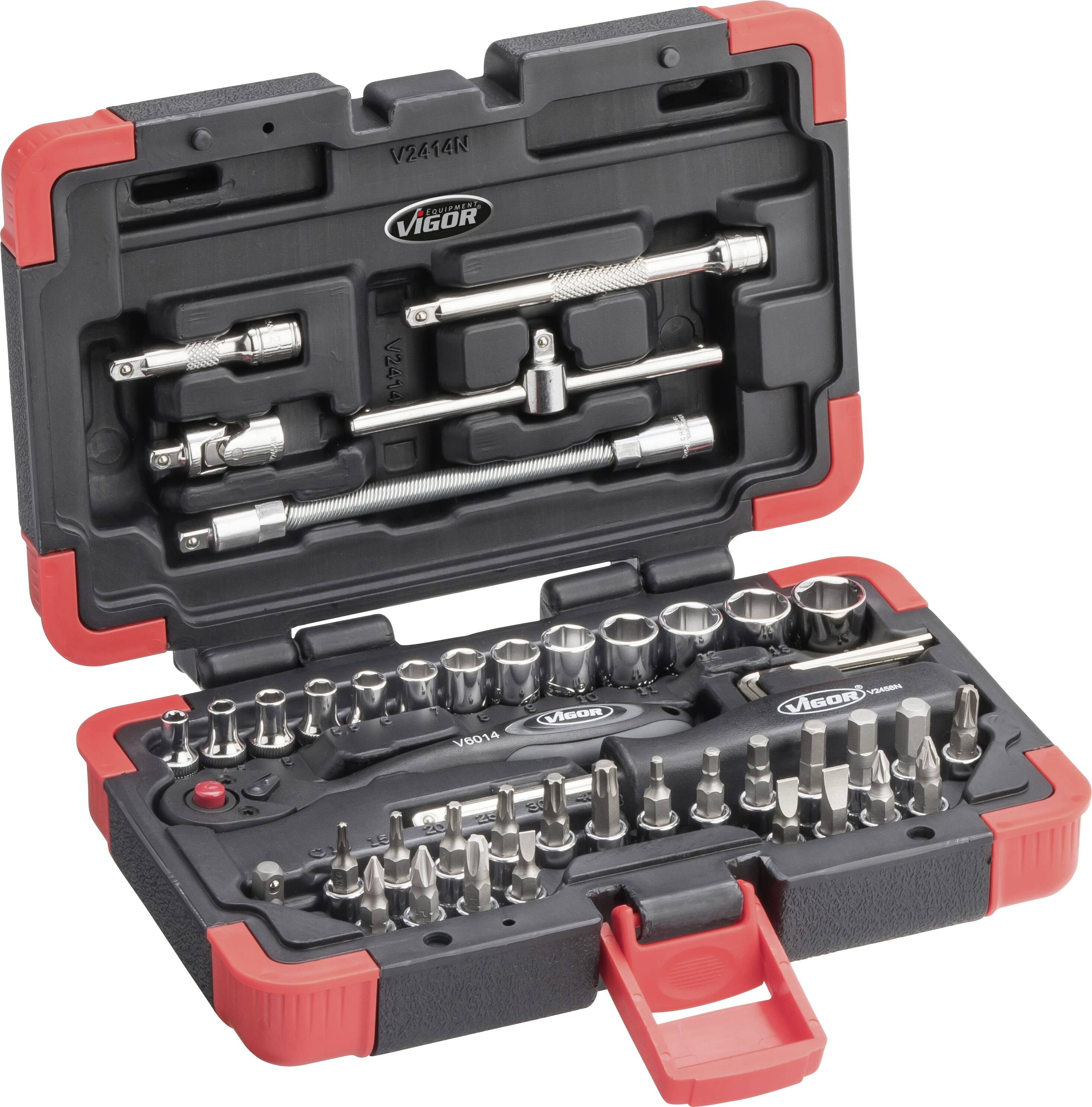 An opened black tool set with red corners shows various wrenches, socket wrenches and bits in organized compartments.