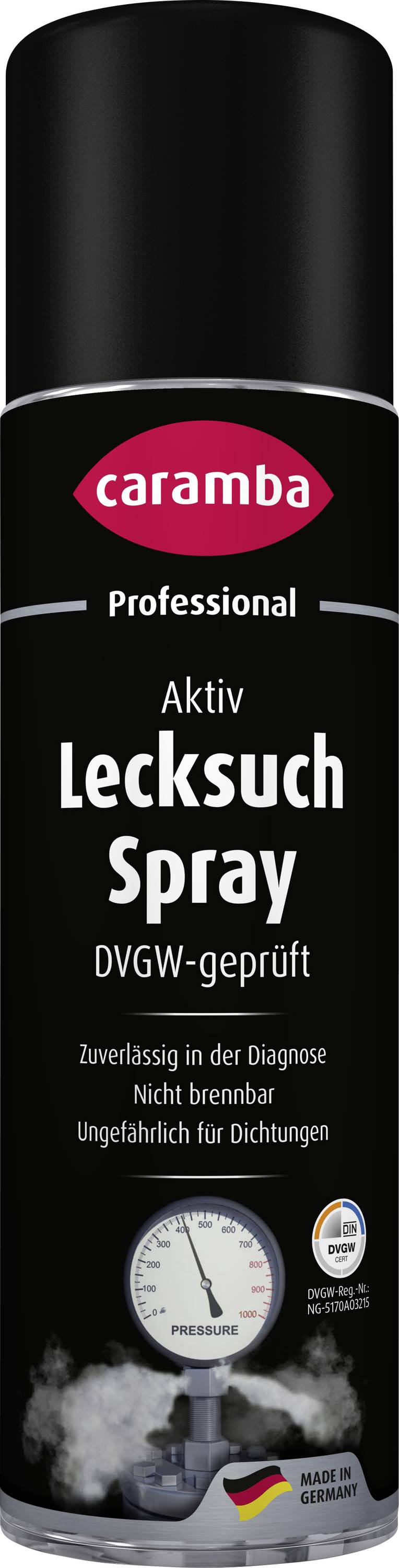 A black Caramba Professional 'Aktiv Lecksuc Spray' aerosol can for leak detection, shown upright on a white background with gauge and vapor imagery.