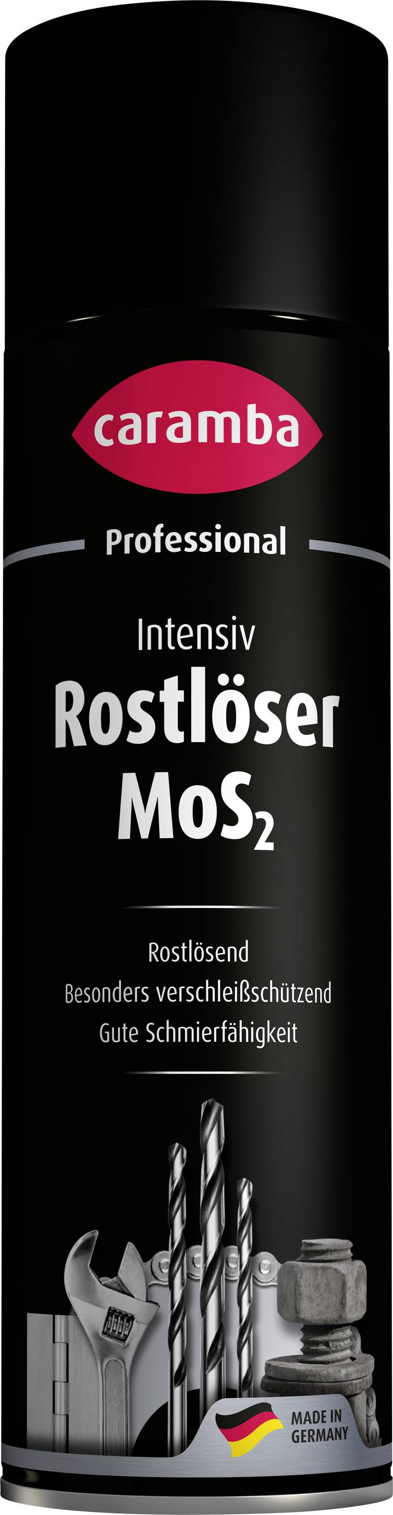 Black aerosol can of caramba Professional Intensiv Rostlöser MoS2, a rust remover lubricant spray, with tools pictured near the bottom.
