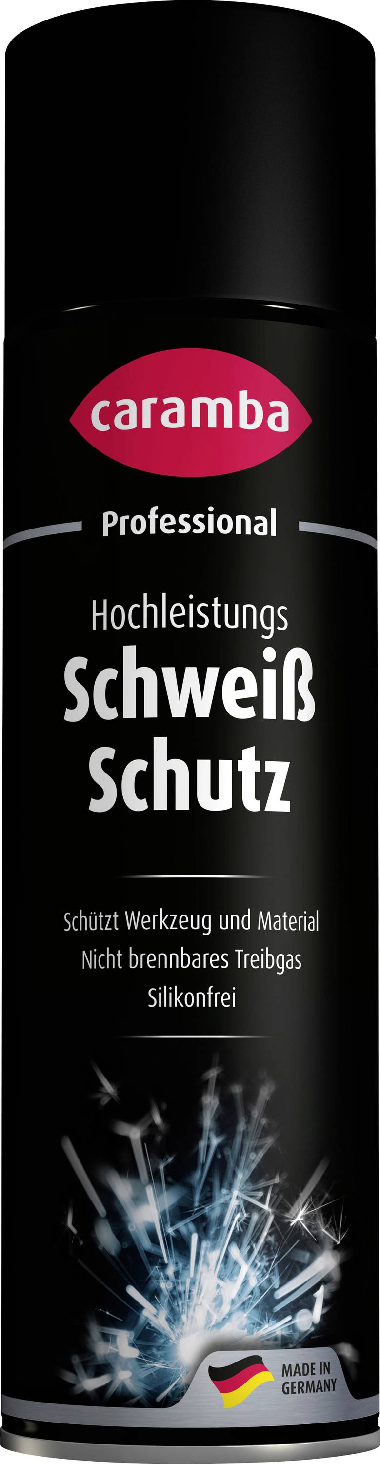 Black Caramba Professional aerosol can labeled 'Hochleistungs Schweiß Schutz' with welding-spark graphic on a white background.