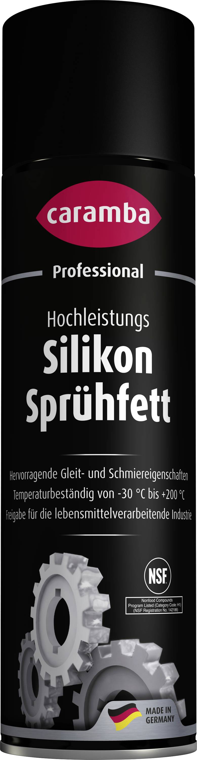Black Caramba Professional 'Hochleistungs Silikon Sprühfett' aerosol can with gear graphics, shown standing upright on a white background.