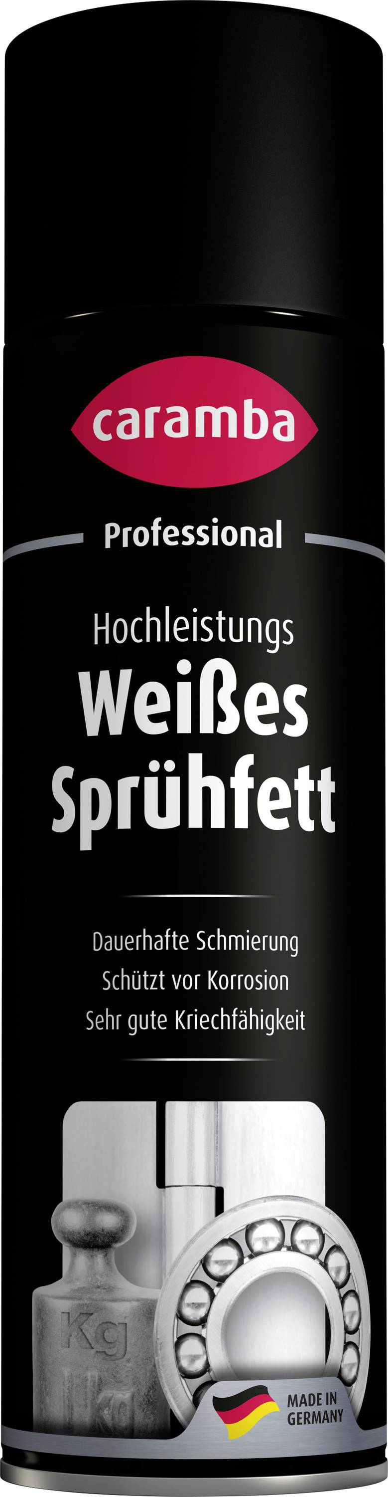 Caramba Professional white spray grease can, labeled 'Hochleistungs Weißes Sprühfett' with claims of durable lubrication, corrosion protection, and high creep ability.