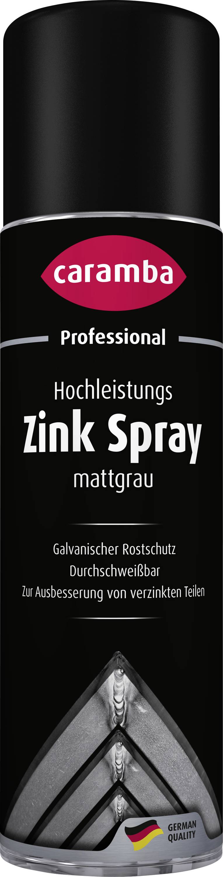 Caramba Professional high-performance zinc spray can in matte gray, labeled for galvanized corrosion protection and touch-up of damaged zinc coatings.