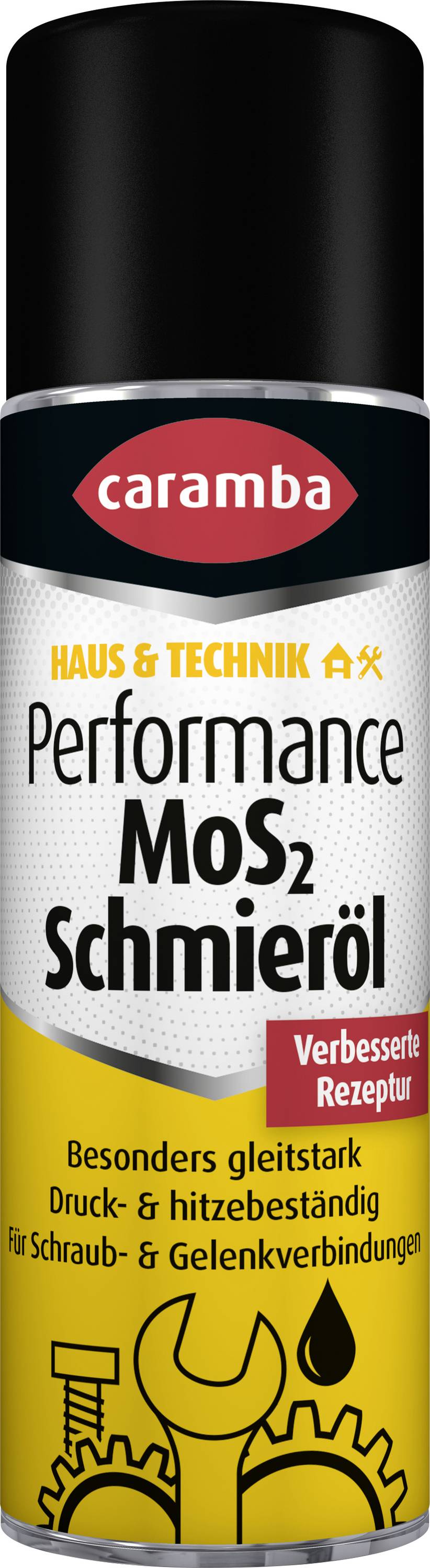 A can of Caramba Performance MoS2 lubricant, labeled 'Haus & Technik', 'MoS2 Schmieröl', and 'Verbessert Rezeptur' for wear, heat, and pressure protection.