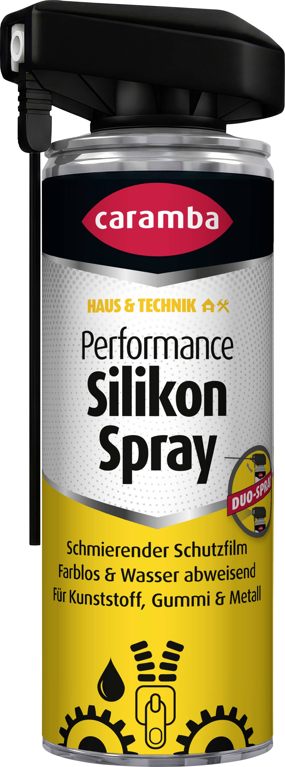 A can of caramba Performance Silikon Spray, a lubricating protective spray for plastic, rubber, and metal.
