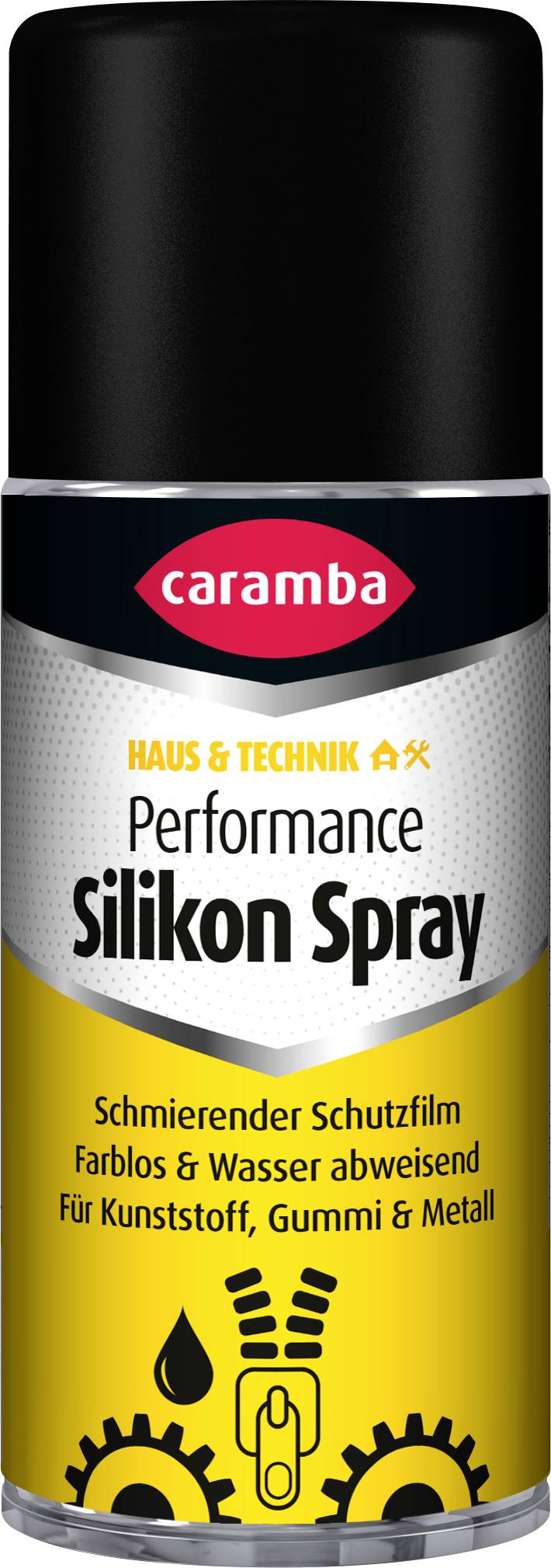 A can of Caramba Performance Silicone Spray with a black cap and yellow label on a white background.