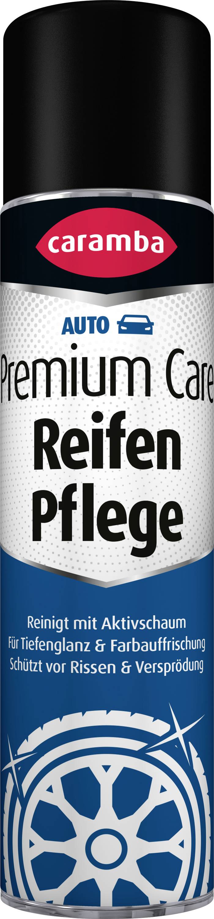 A spray can labeled 'caramba Auto Premium Care Reifen Pflege' for tire care, claiming cleaning, shine, and protection against cracking and fading.