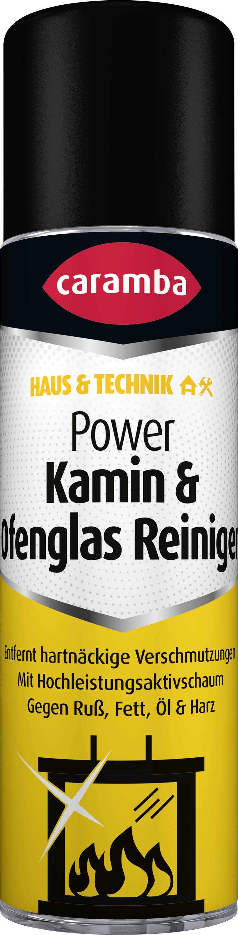 A can of Caramba Power Kamin & Ofenglas Reiniger cleaner for fireplaces and stove glass, with flame and fireplace icon.
