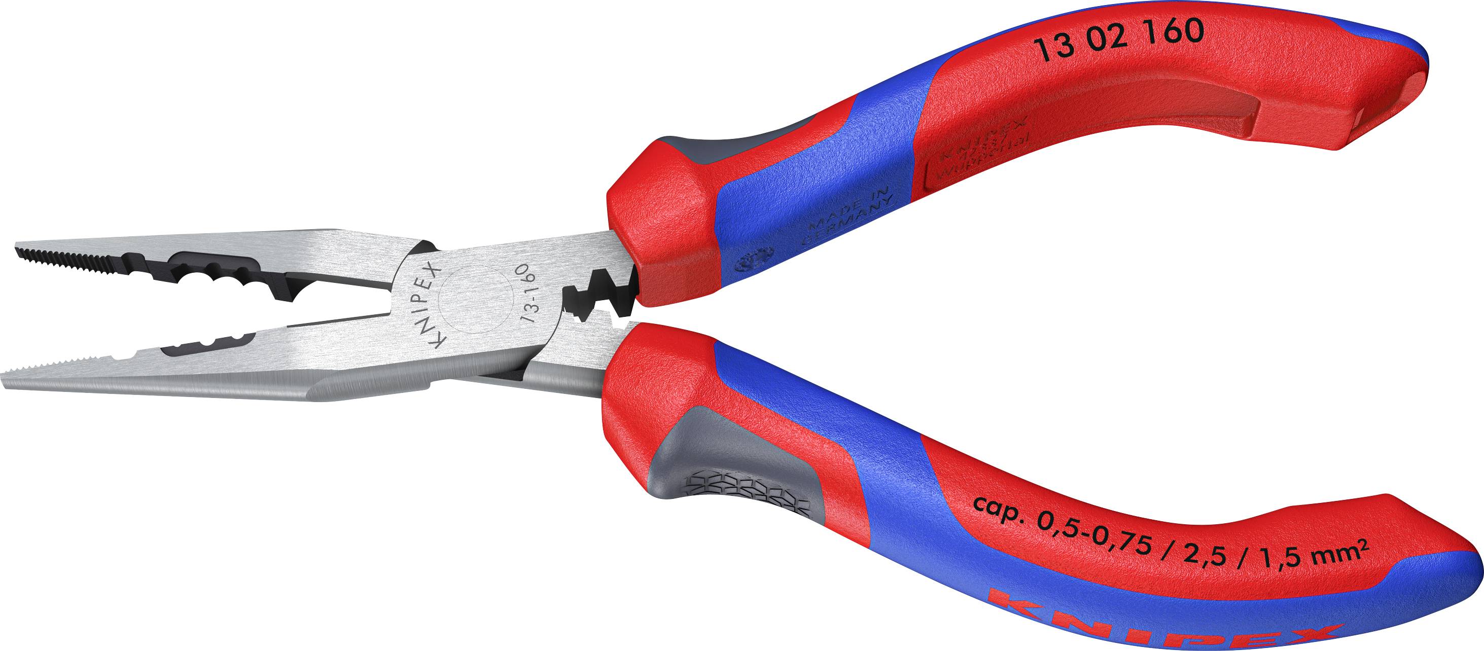 A red and blue combination pliers with gripping and cutting functions. Suitable for working with wires (0.5-0.75 / 2.5 / 1.5 mm²).