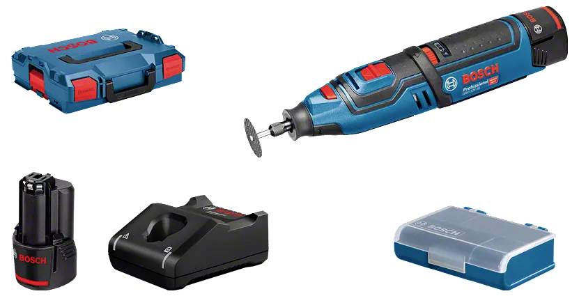 Cordless Multi-Function Tool Set comprising a blue multi-function tool, blue storage box, charger and battery.