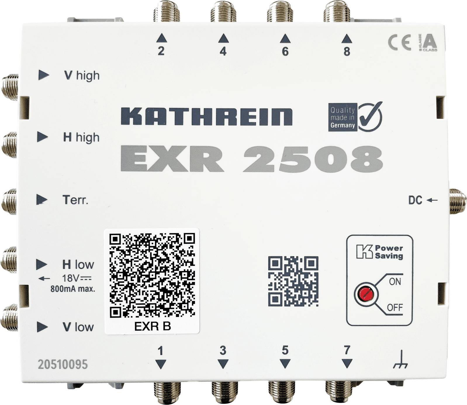Satellite multi-switch EXR 2508 by Kathrein with 8 outputs, quality mark 'Made in Germany' and embossed CE marking.