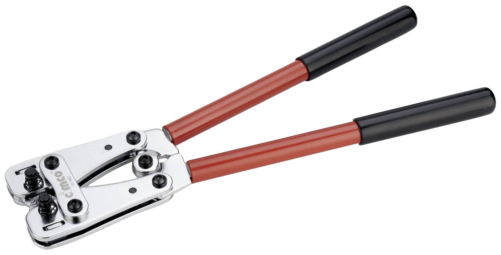 Manual crimping pliers with a red handle and silver head, suitable for connecting cables and electrical wires.