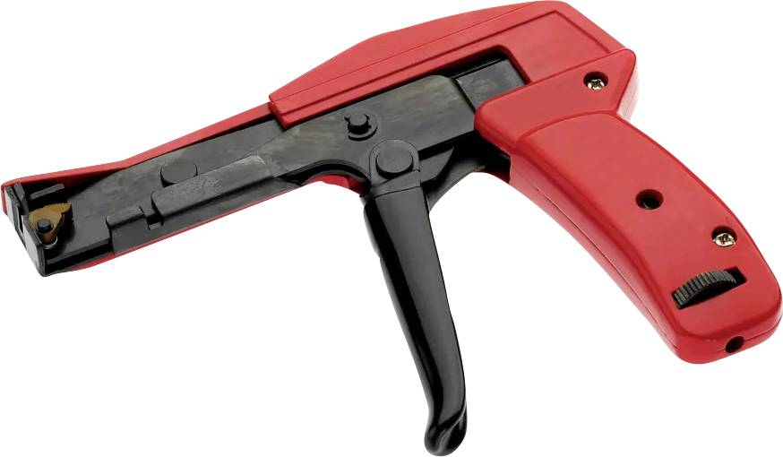 A red and black cable tie gun, used for tightening and cutting cable ties, shown against a plain white background.