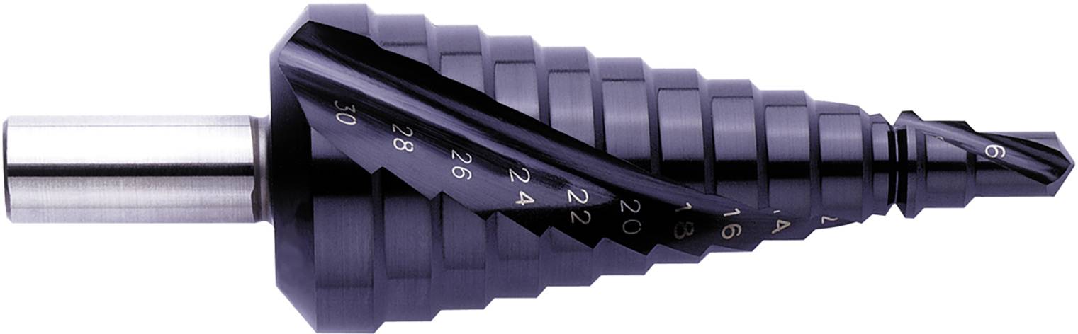 A tapered step drill bit with graduated measurements, used for drilling holes of varying sizes in metal or wood.