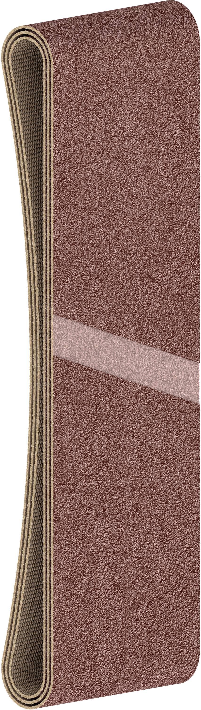A sanding belt made of dark red sandpaper in a narrow, rounded shape, demonstrating the material and structure for craftwork.