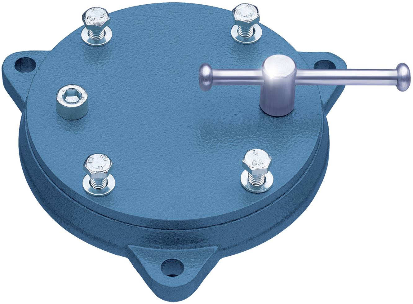 Blue round metal lid with five screws and a side handle, presumably a closure cap or cover.