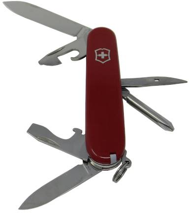 Penknife with red handle scales, opened to reveal multiple tools including a knife, can opener, and screwdriver.