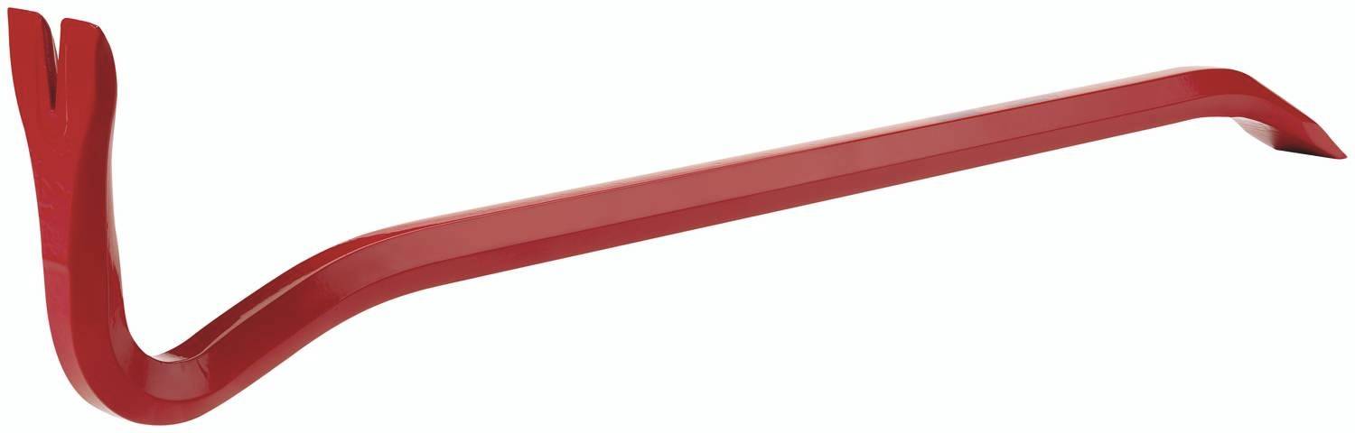 Red crowbar with curved ends, used for levering and opening objects.