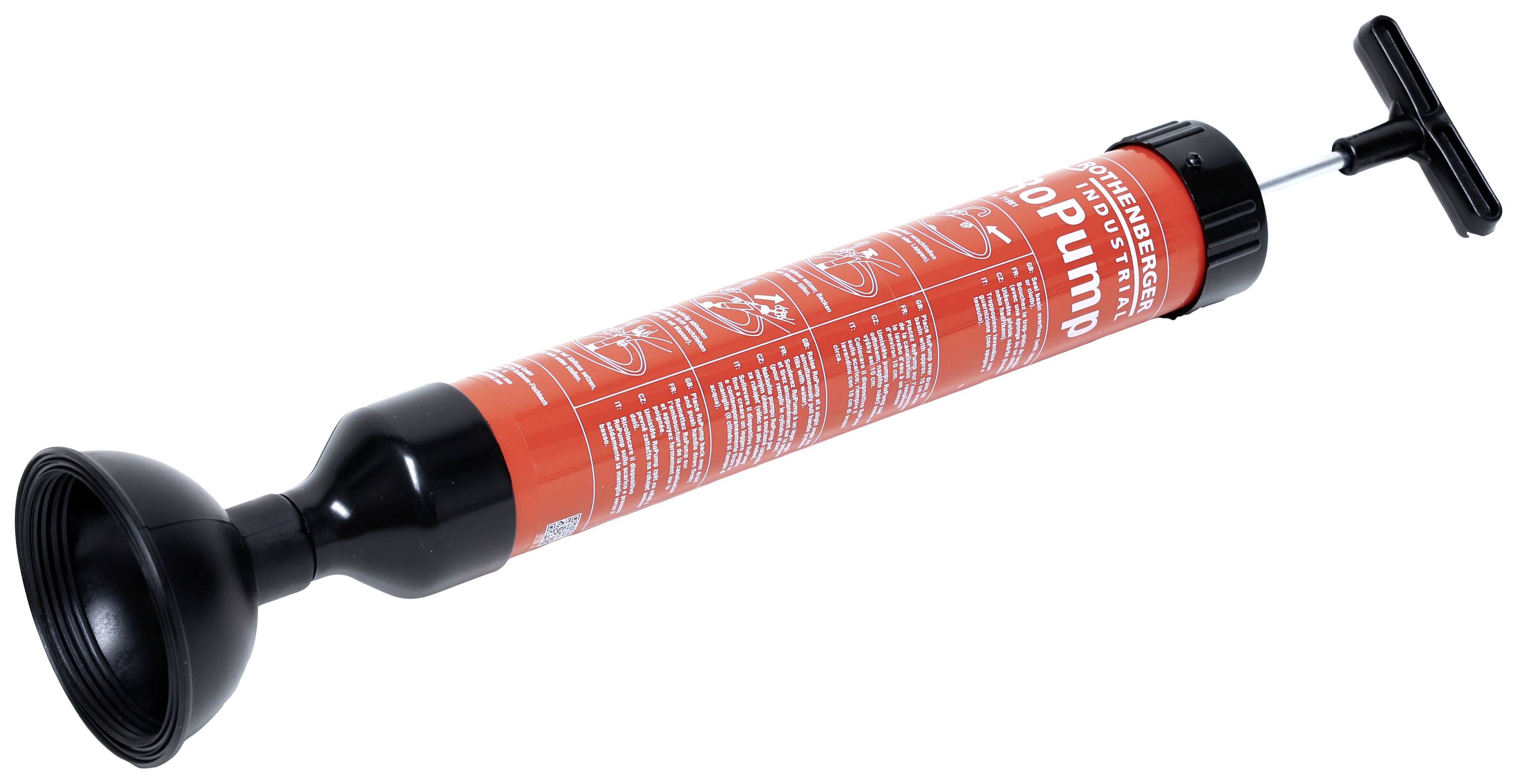 Red drain plunger pump with black, round suction cup and lever handle; used for clearing blockages.