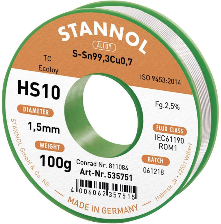 'Stannol' Solder Reel, Alloy S-Sn99.3Cu0.7, Diameter 1.5 mm, Weight 100 g, Flux Class IEC61190 ROM1, made in Germany.