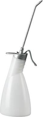 White oil can with a curved metal spout and a lever on the side for easy pouring of oil liquids.