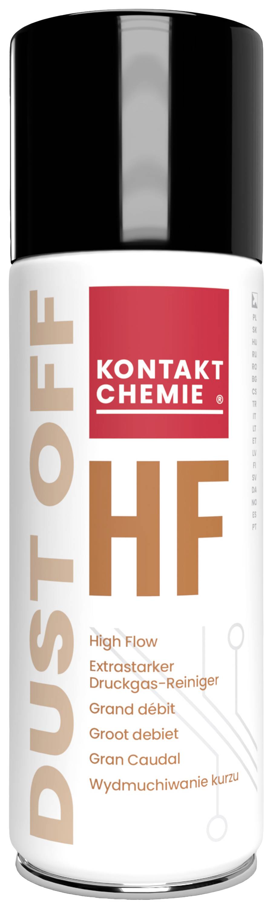 White spray can with black lid. Printed with 'DUST OFF HF' and 'High Flow Extra-Strong Compressed Gas Cleaner'. Brand 'Kontakt Chemie'.