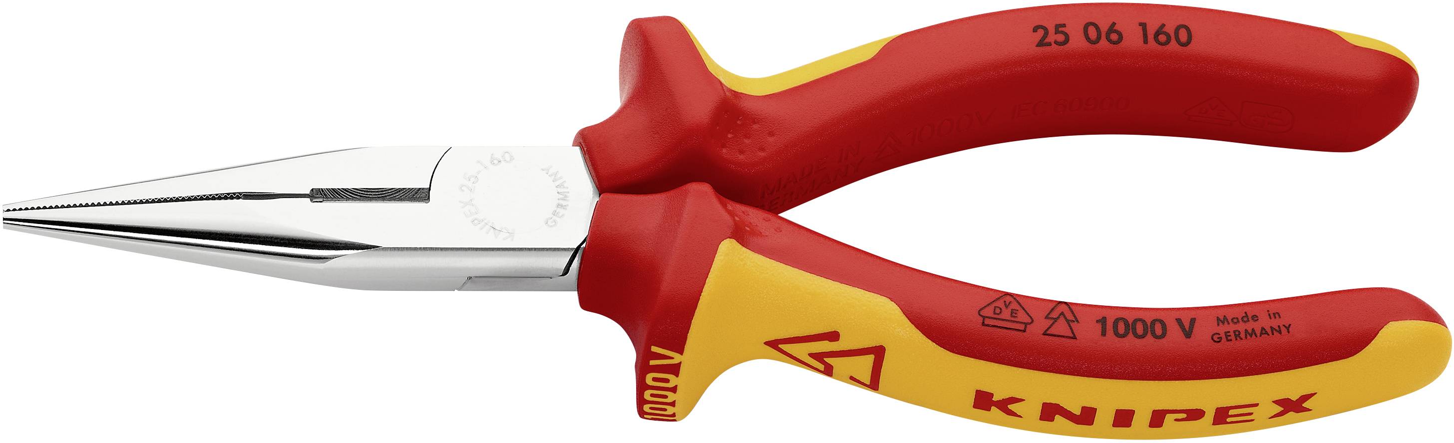 A red and yellow insulated pliers with pointed jaws and the inscription 'KNIPEX', suitable for work up to 1000 V, manufactured in Germany.