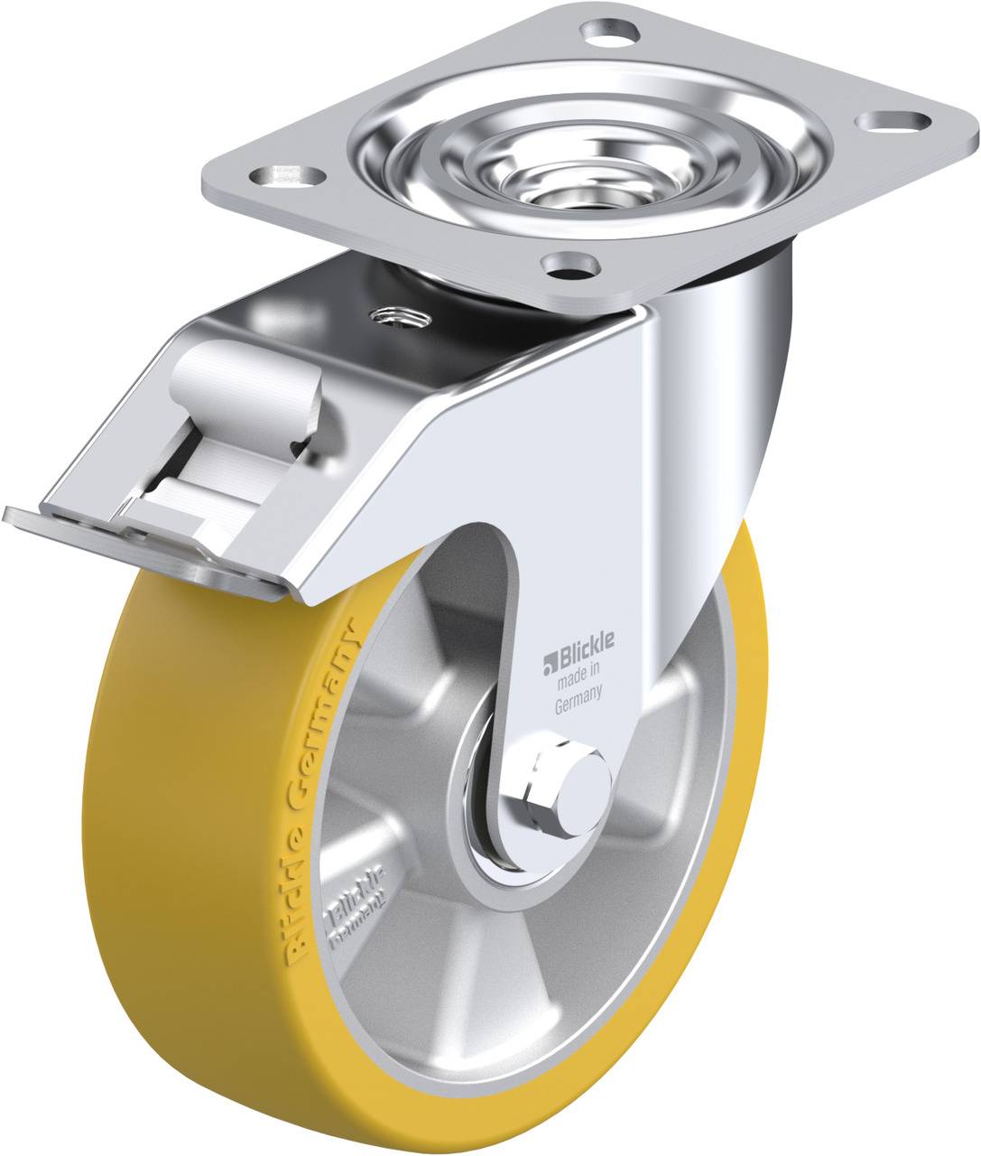 Metal swivel castor with yellow rubber wheel, suitable for transport trolleys or furniture. Features a brake for secure locking.