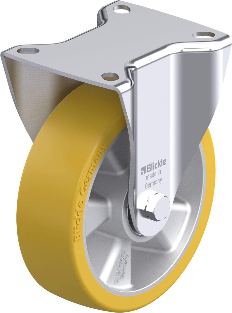 Industrial swivel castor with yellow rubber wheel and silver metal housing. Number of mounting holes: 4. Manufacturer: Blickle.