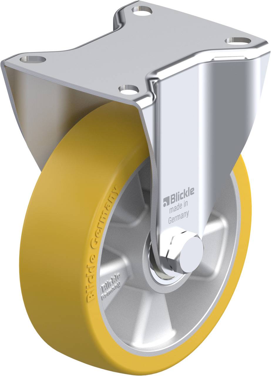 Industrial swivel castor with a yellow wheel and silver housing, 'Blickle made in Germany' printed on it.