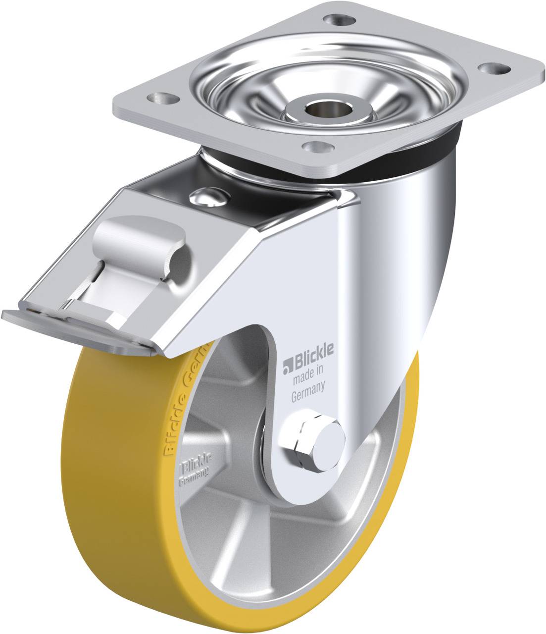 High-load stainless steel steering castor with yellow wheel, suitable for industrial applications. Manufacturer: Blickle.
