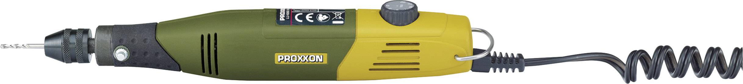 A small, handy drill with a 'Proxxon' logo on a green-yellow casing, suitable for precise craftwork.