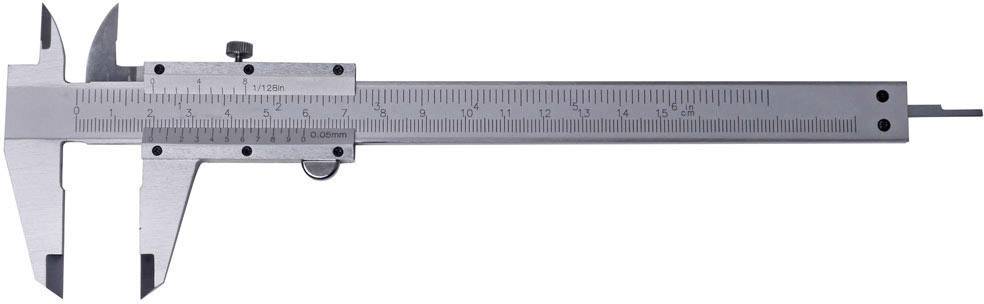 A silver vernier calliper with a scale for measuring the length of objects.