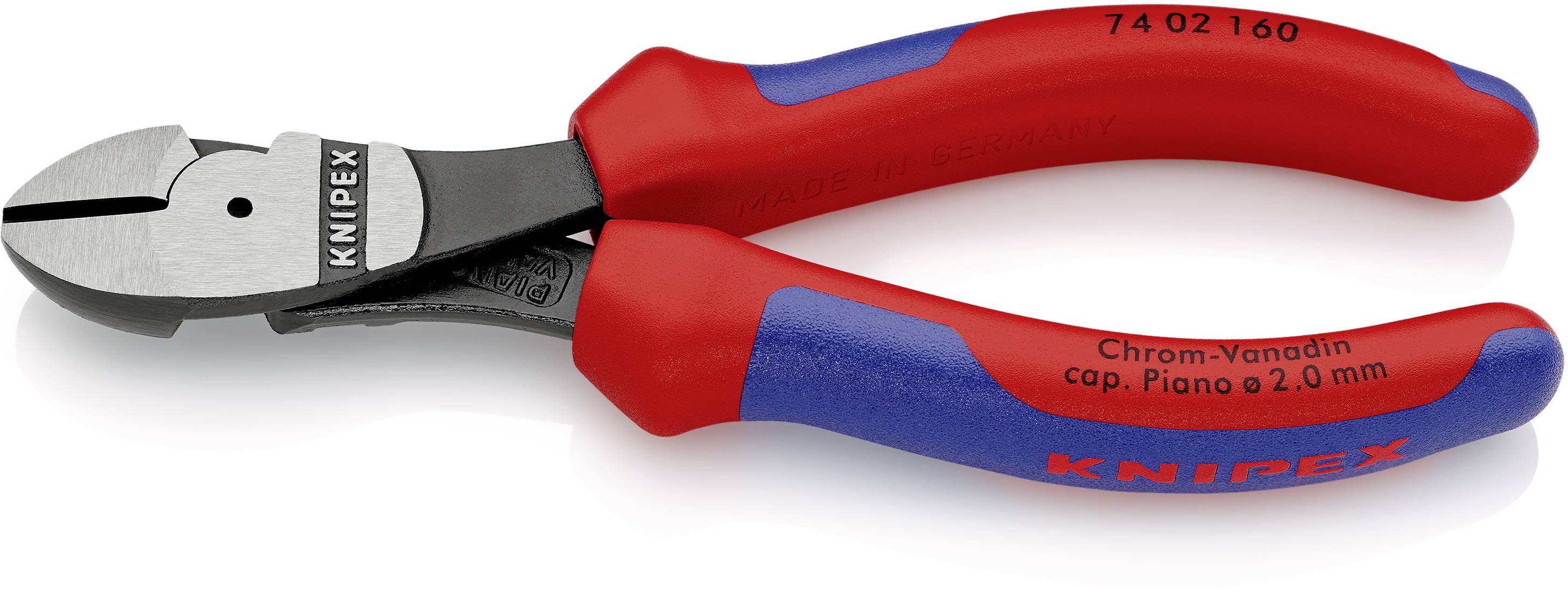 A red and blue side cutter by Knipex with the inscription 'Chrome-Vanadium cap. Piano 2.0 mm' on the handle.