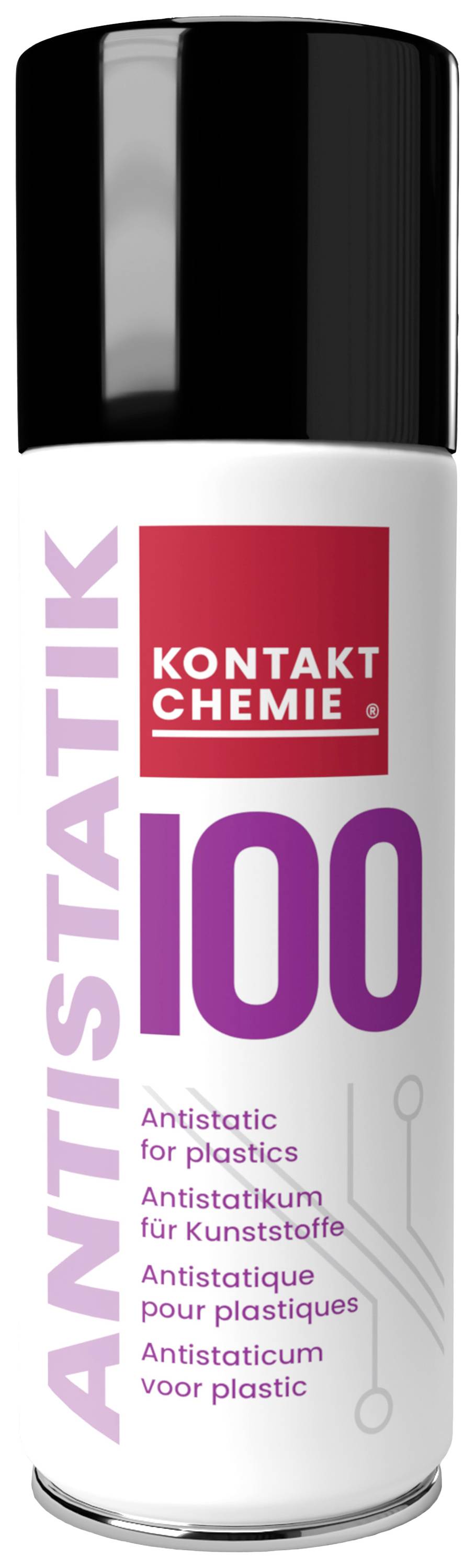 Spray can with the label 'ANTISTATIK 100' by Kontakt Chemie, used to prevent static build-up on plastics.