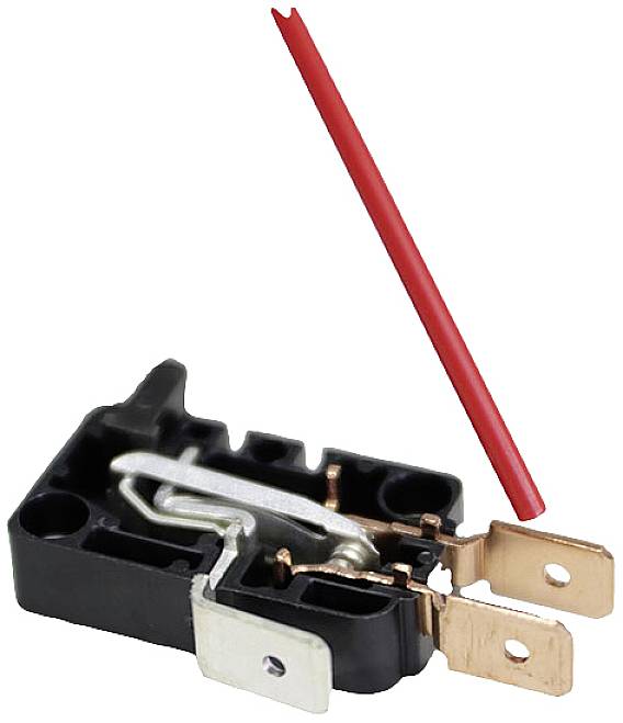 An electrical switch with metal contacts on a black base, alongside a red plastic tool for operating the switch.