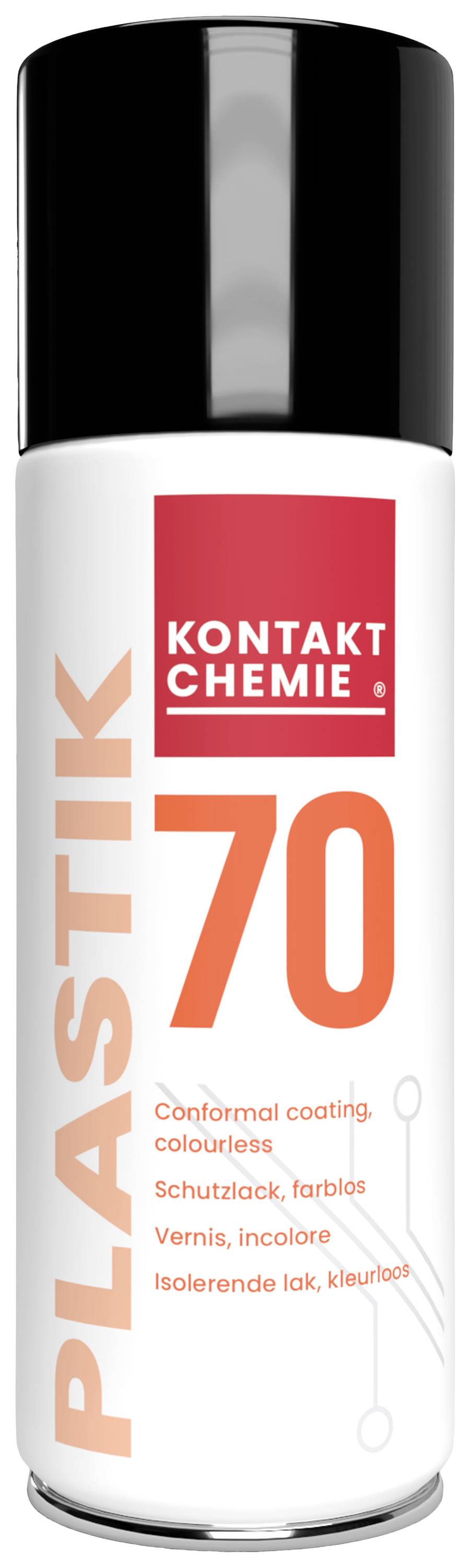 Dose of a protective lacquer spray with the label 'Plastik 70', suitable for insulating and colourless coatings.