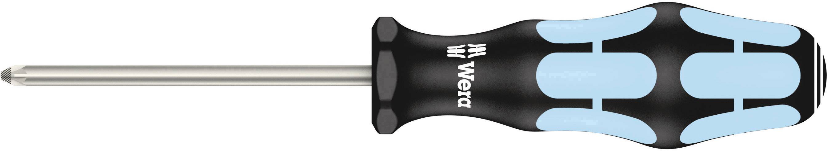 Phillips screwdriver with ergonomic handle, black and blue. 'Wera' brand name on the handle. Suitable for precision work.