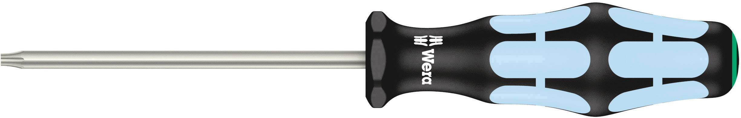 Screwdriver with a black handle and blue details, shown from the side view.