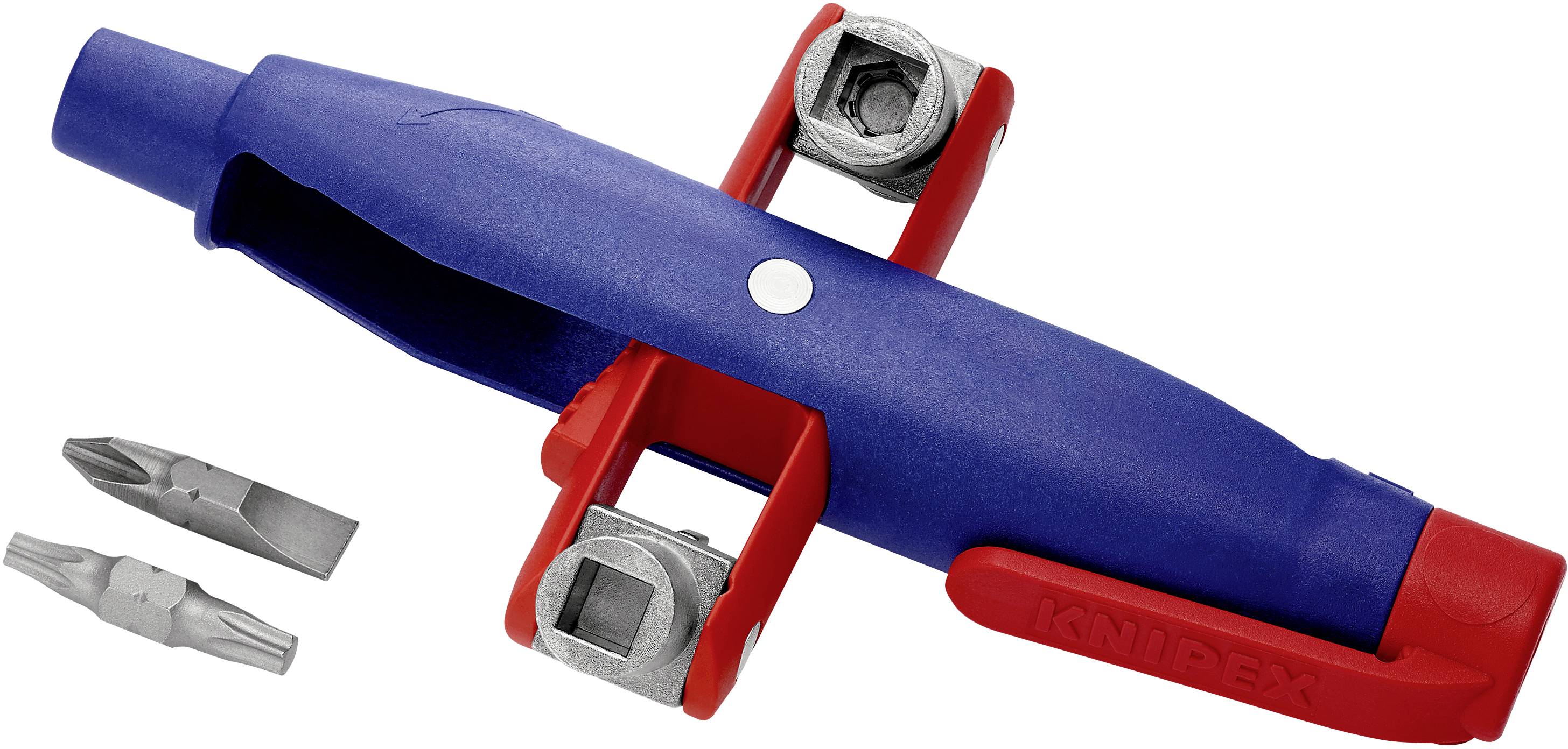Blue universal key with two metal cubes and red details, including two interchangeable bits. Hand tool for technicians.