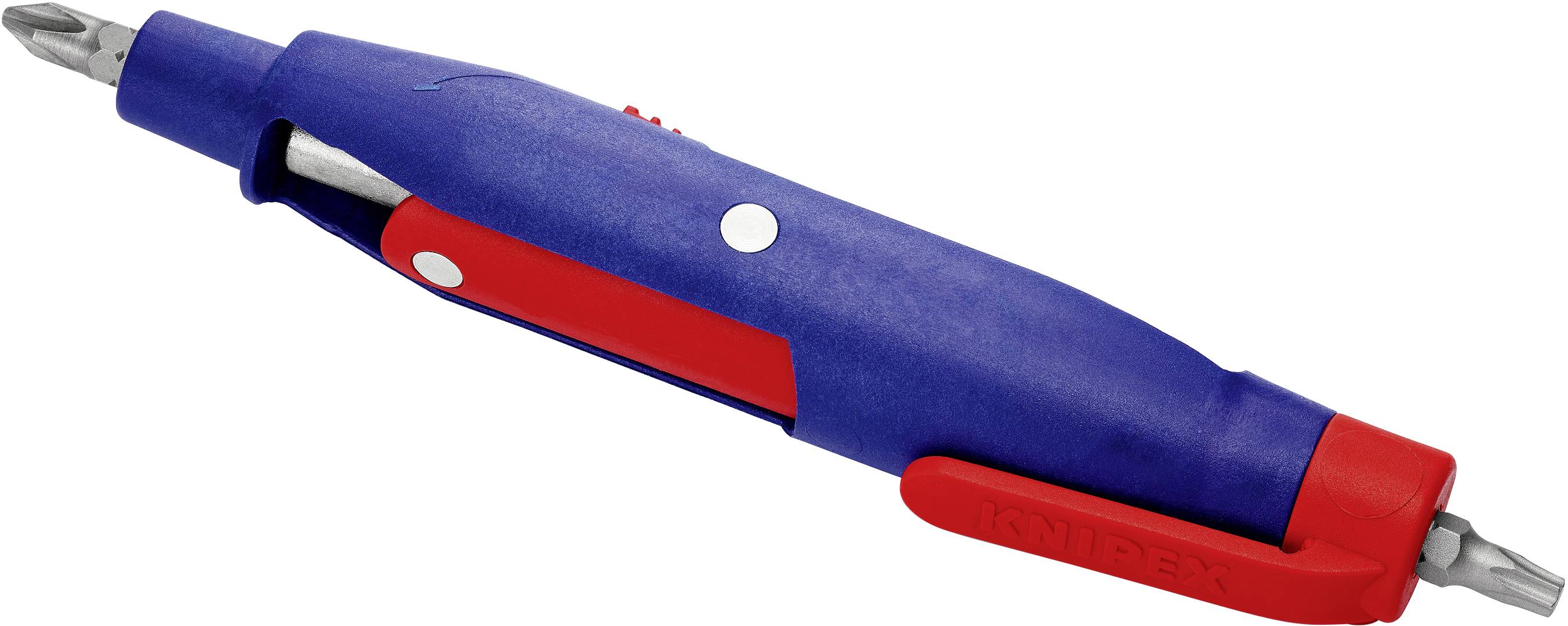 A blue and red multi-purpose screwdriver with interchangeable bits, suitable for various screw types.