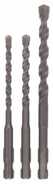 Three metal drill bits of different sizes lined up side by side. They are suitable for drilling into concrete, stone or masonry.
